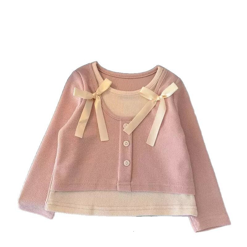 Ddmyshoesvip Girl S Spring Sweet Fake Two Piece T Shirt New Korean Version Versatile Women S Treasure Fashion Western Bow Top