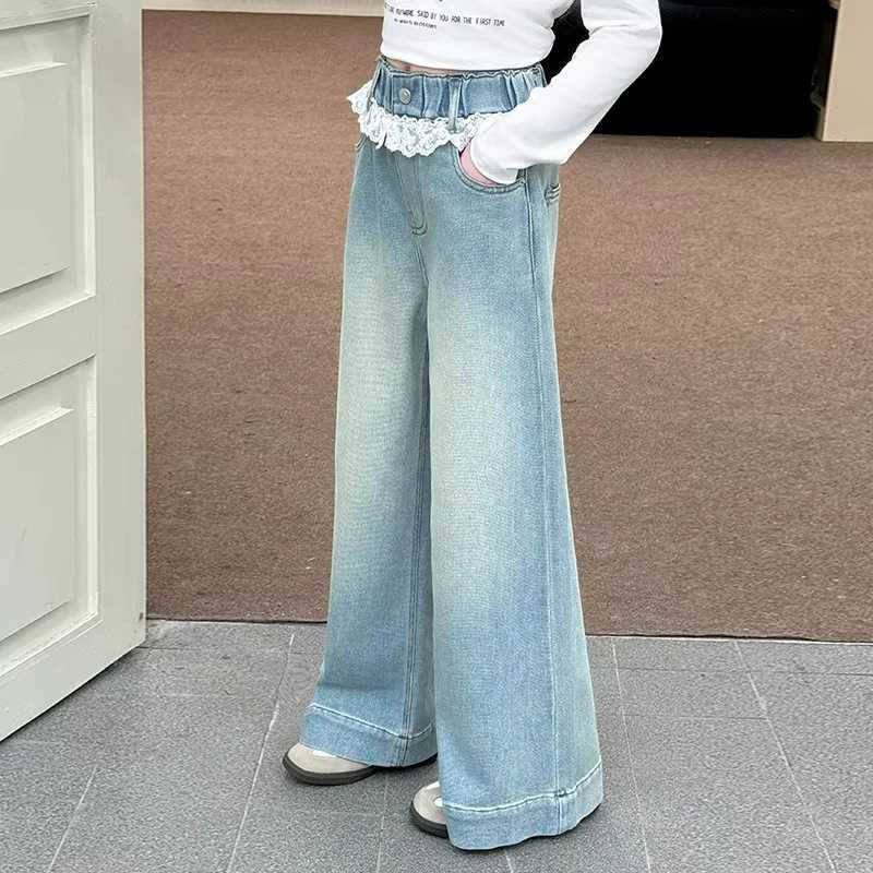 Spring Autumn New Lace Design Girls Casual Jeans Middle Waist Denim Wwide leg Pants Kid Clothes For Girls 6 8 10 12 14YearsT2502320