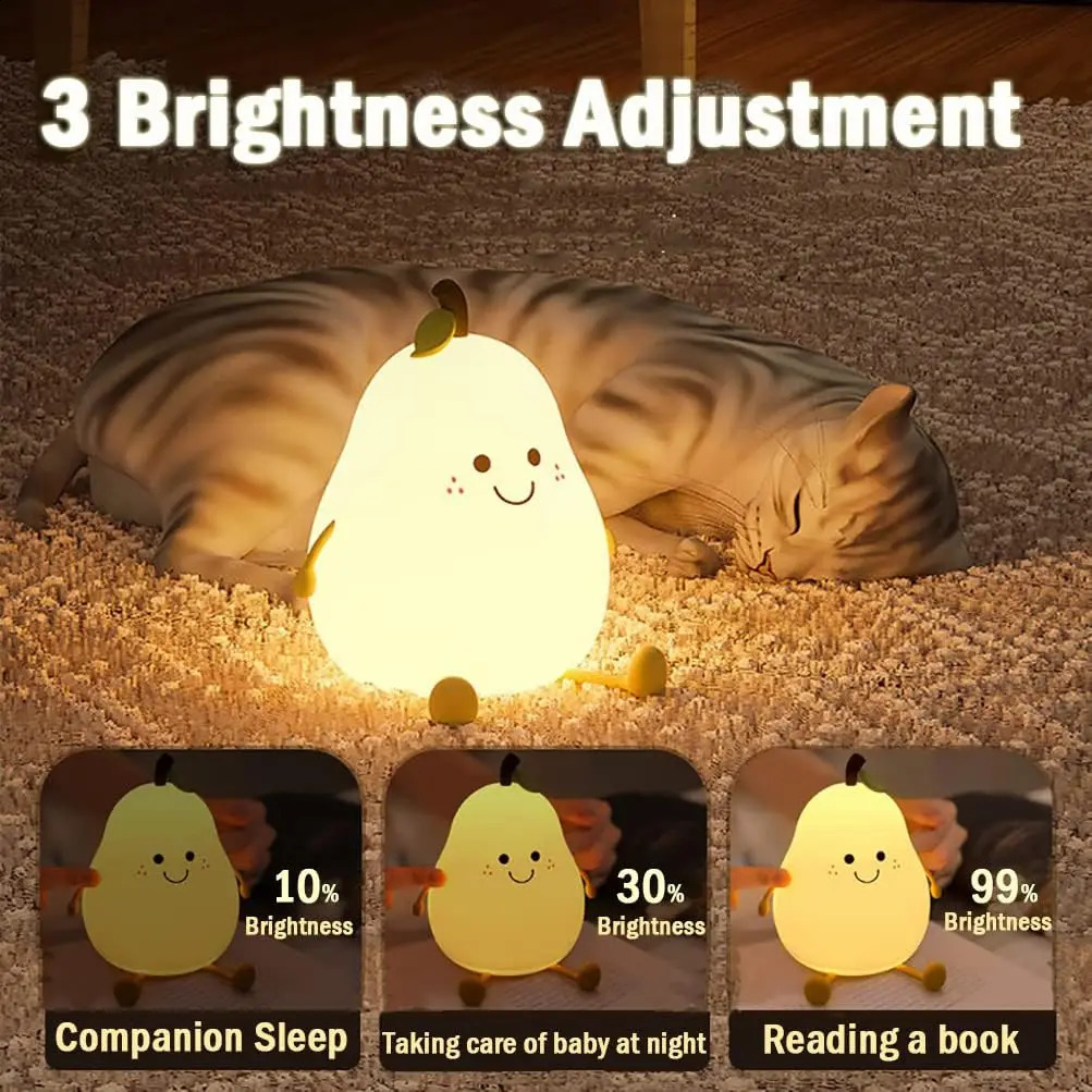 Night Lights for Kids Pear Shaped Cute Silicone Nightlight 4/7 Colors Night Lamp USB Charging for Bedroom Bedside Room 250319