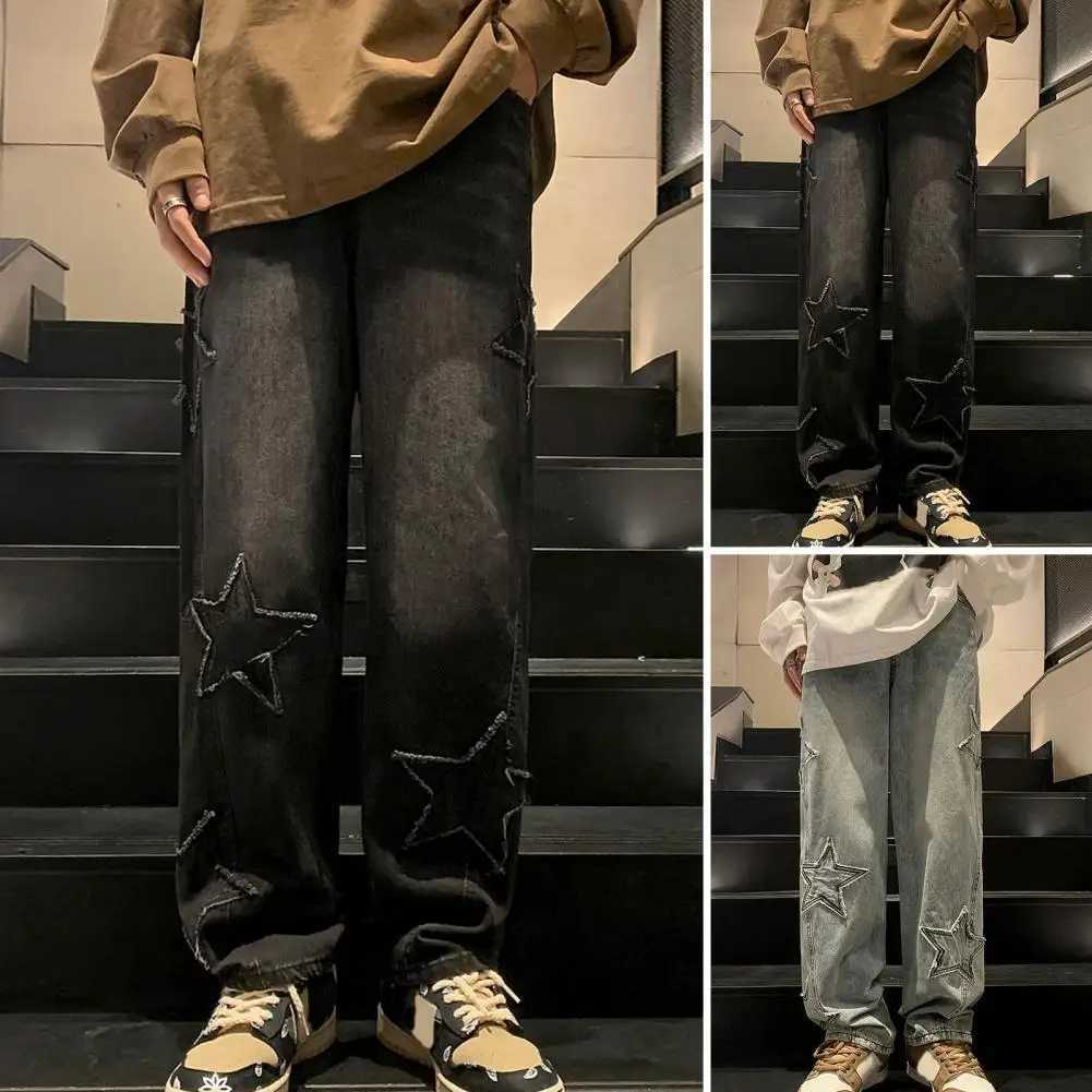 Retro mens Korean blue streetwear oversized celebrity aesthetics straight Trouser wide leg jeans Grunge denim pants womens clothingT250319