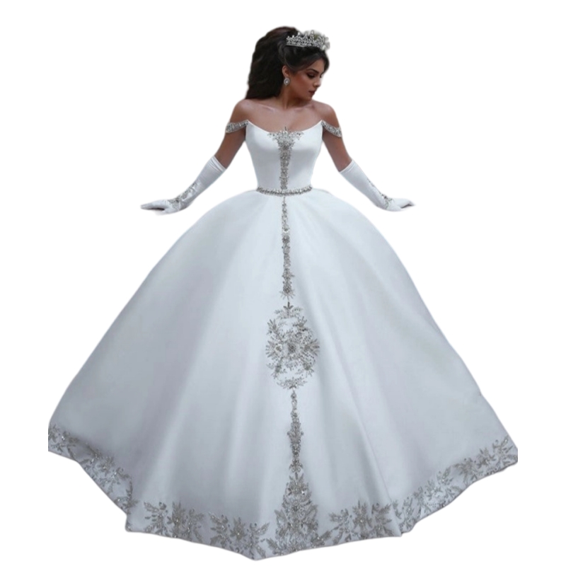 Elegant Arabic Dubai White Wedding Dress Off Shoulder Appliques Beaded Satin Long Luxury Bridal Gowns 2025 Vestido De Novia