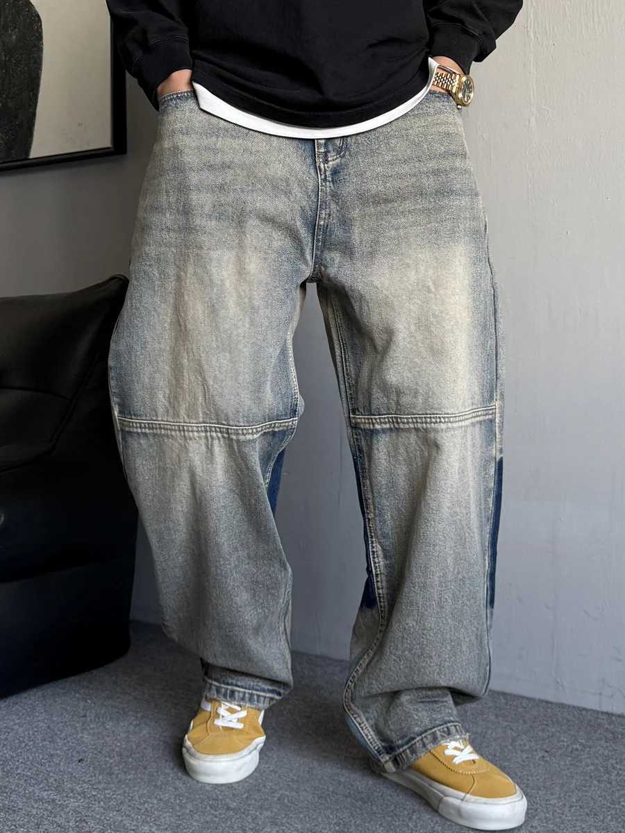 Fashionable mens bag jeans hip-hop street clothing decals work washing denim oversized casual retro loose suitable for urban TrousersT250319