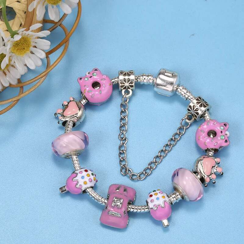 Car Ice Cream Beads Charm Bracelets With Silver Color Chain Bracelets For Women Men Fiancee Bijoux Pulseras Jewelry Gift