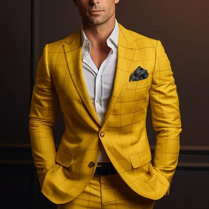 British style mens gold checke party evening dress jacket slim fit open collar set 2piece pants Terno 250311