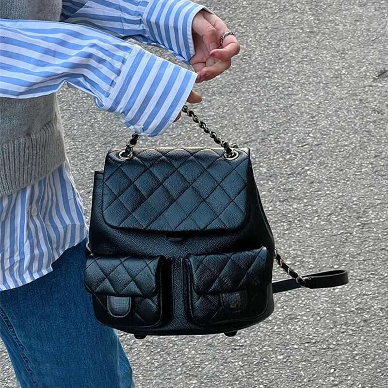 High End Leather With Dia Grid Chain Mini Backpack