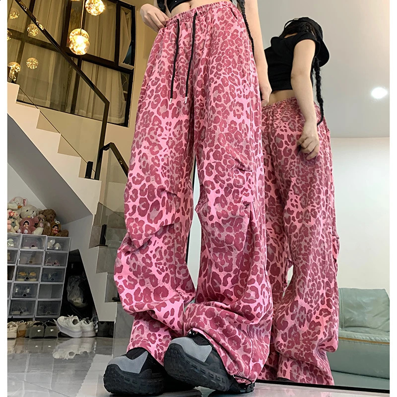 Woman American Streetwear Baggy Y2k Jeans Girls Vintage Harajuku Trousers Female Red Leopard Print Japanese 2000s Wide Leg Pants 250319