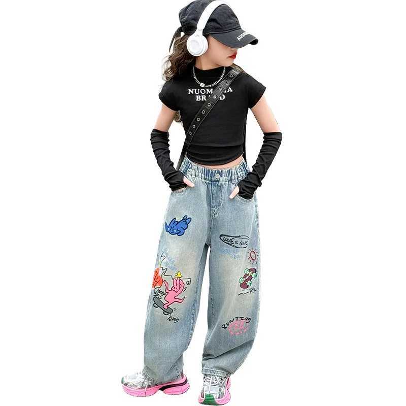 Spring and autumn new cartoon printing loose fitting teenage girls jeans girls summer design wide leg pants children Trouser 5-14 years oldT250326