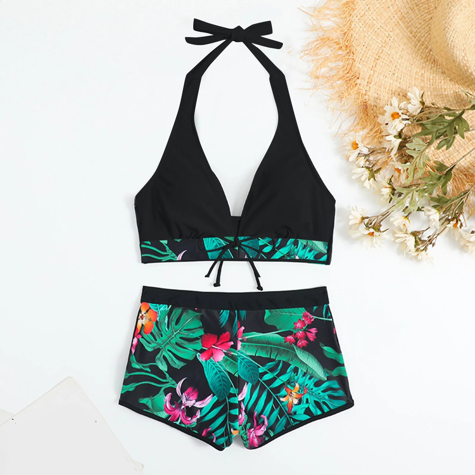 Teenage bikini set womens swimsuit tropical printed shorts two pieces 250319