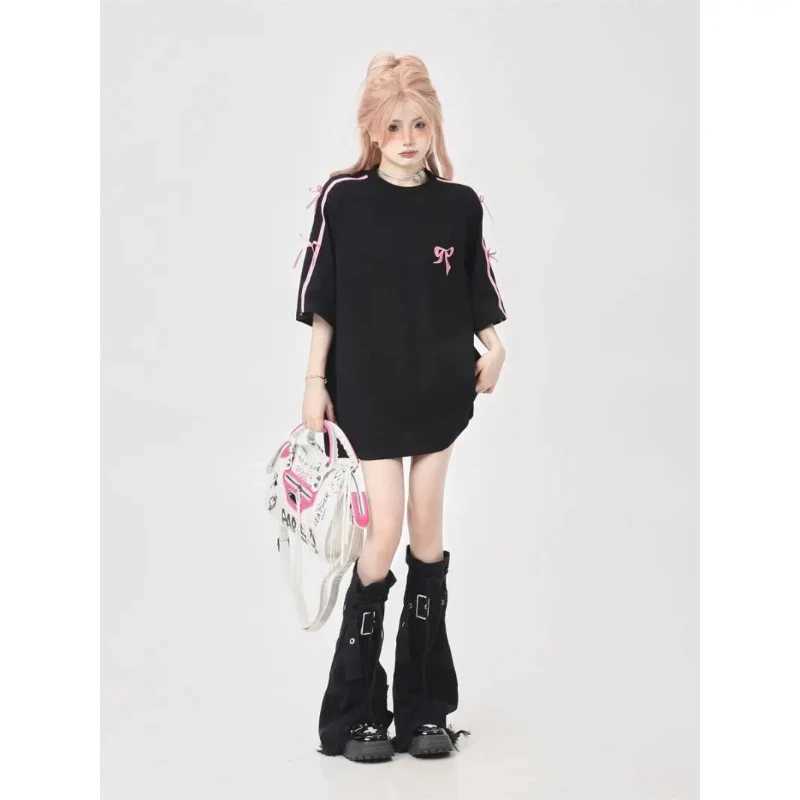 Korean style sweet bow loose womens short sleeved design T-shirt 2024 trendy high-end sweet and chic embroidered topT250320