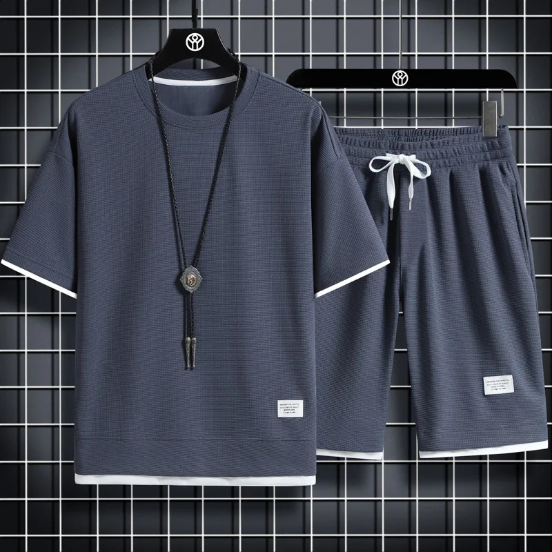 Summer Mens Waffle Sets Casual T-Shirt And Shorts Set Male Sports Suit Solid Color Tracksuit Loose Suits 250319