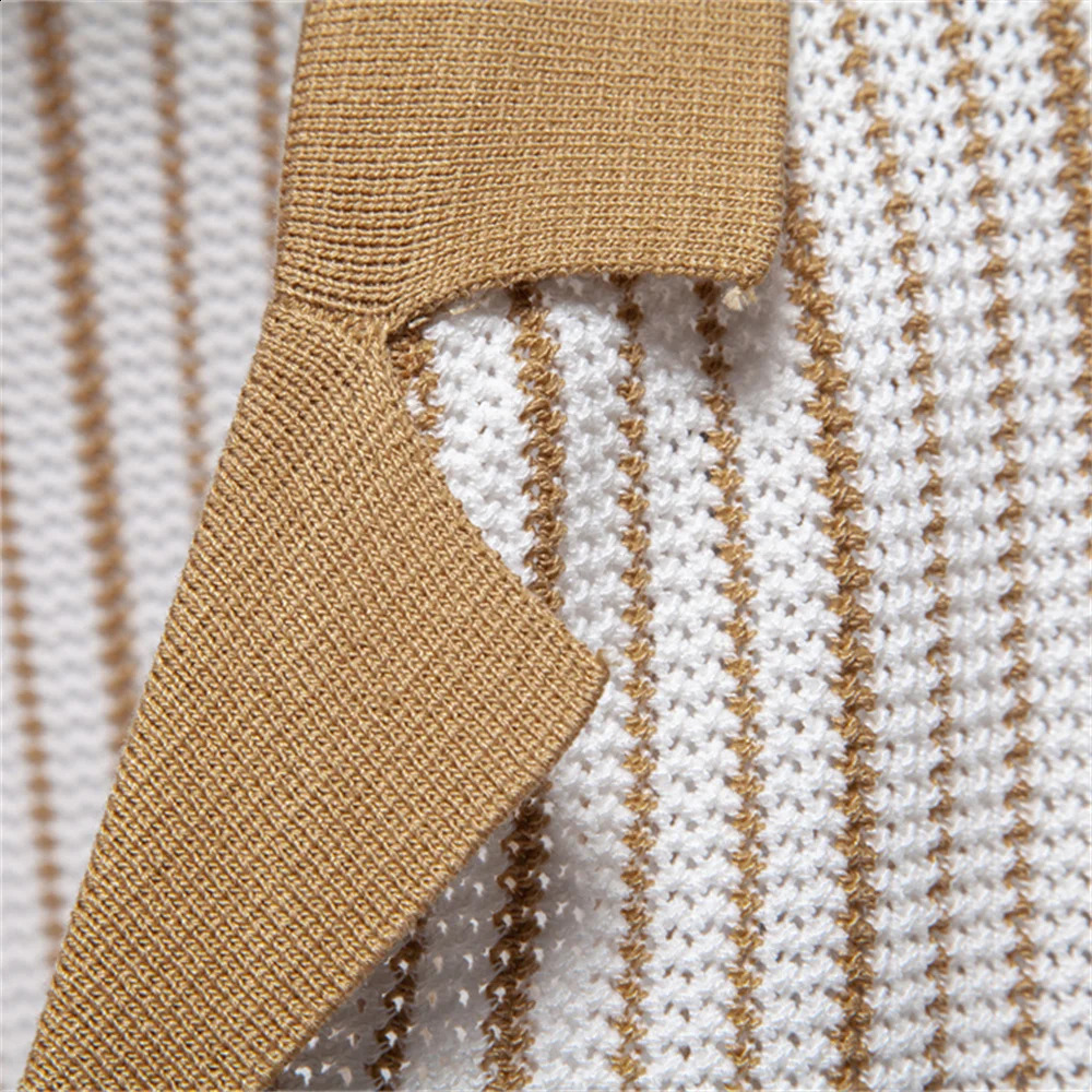 AIOPESON Mens Striped Mesh Polo Shirt - Breathable Contrast Panel Knitted Top with Collar 250317