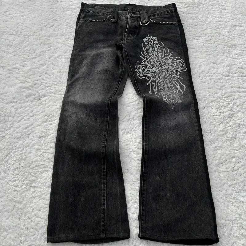 Y2K baggy Jeans Black Vintage Cross Leather Detail Punk Flared Jeans Gothic Streetwear Harajuku men women Casual wide leg jeansT250319