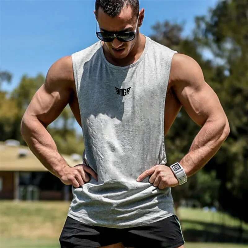 Men's bodybuilding vest, sleeveless sports shirt, fitness vest, armor hole, solid top, cotton T-shirt, gymnastics singles