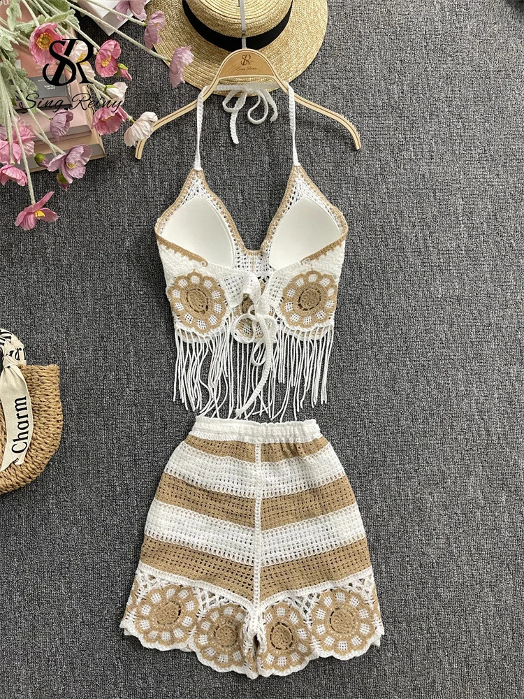 SINGREENY Summer Sexy Beach Set Fashion Strap Tassel Tank TopElastic Wide Leg Shorts Hollow Casual Two Piece Set 250318