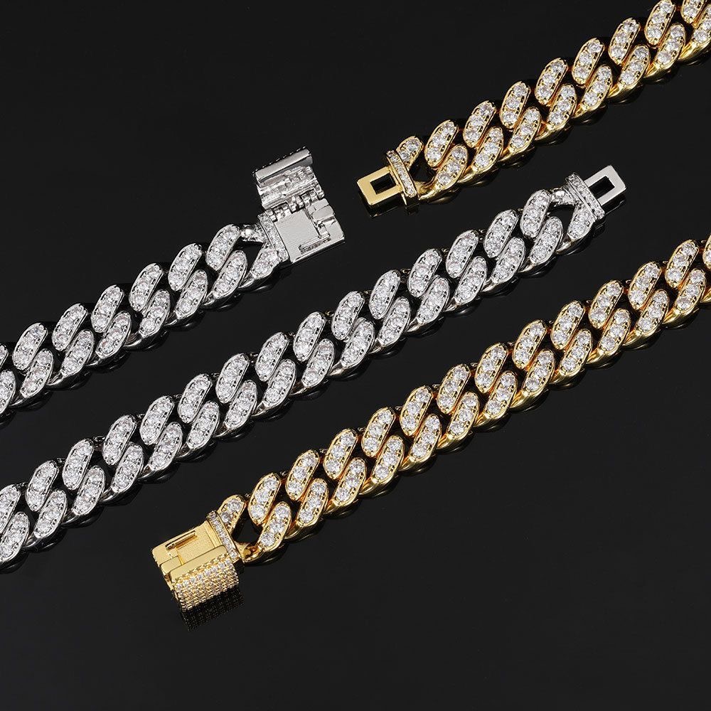 Sier & Gold Plated Miami Style Necklace with 10mm CZ Stones - Unisex Cuban k Chain
