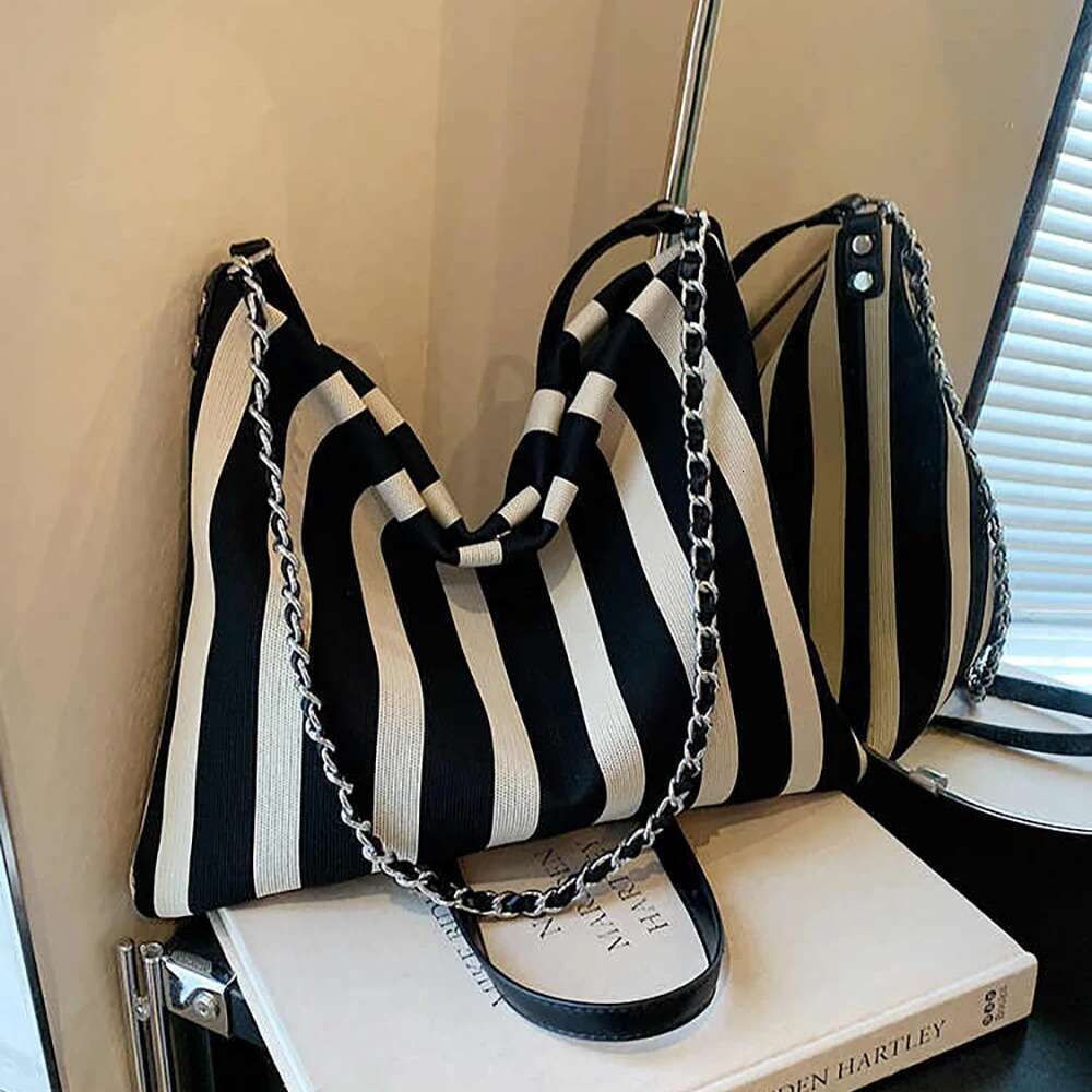 Black White Striped Canvas Tote For Women Large Capacity Chains Shoulder Bags College Student Underarm Bag Casual Crossbody