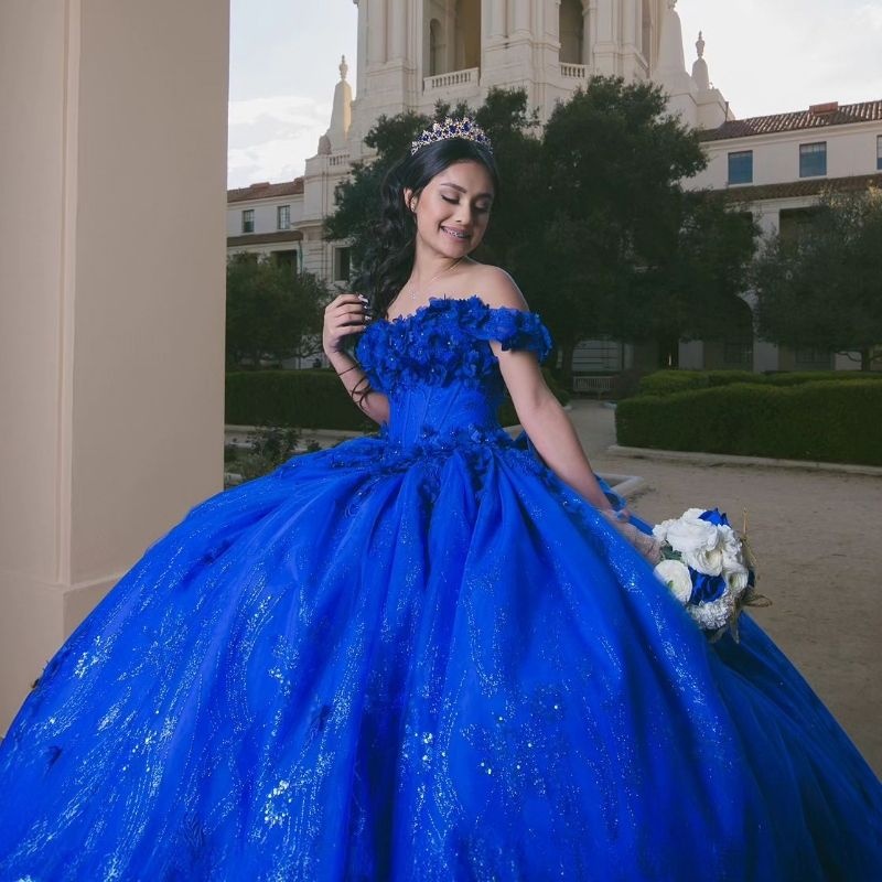 Royal Blue Shiny Quinceanera Dresses Off The Shoulder Princess Applique Beads Crystal Tull Sweet 16 Birthday Party Gown Vestido De 15 Anos