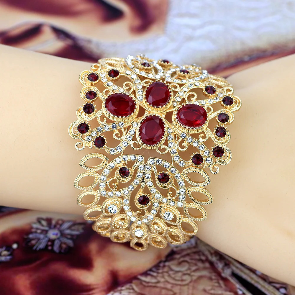 Sunspicems Gold Color Wide Arabic Bangle Morocco Rhinestone Cuff Bracelet for Women Dubai Ethnic Wedding Jewelry Wholesale 250320