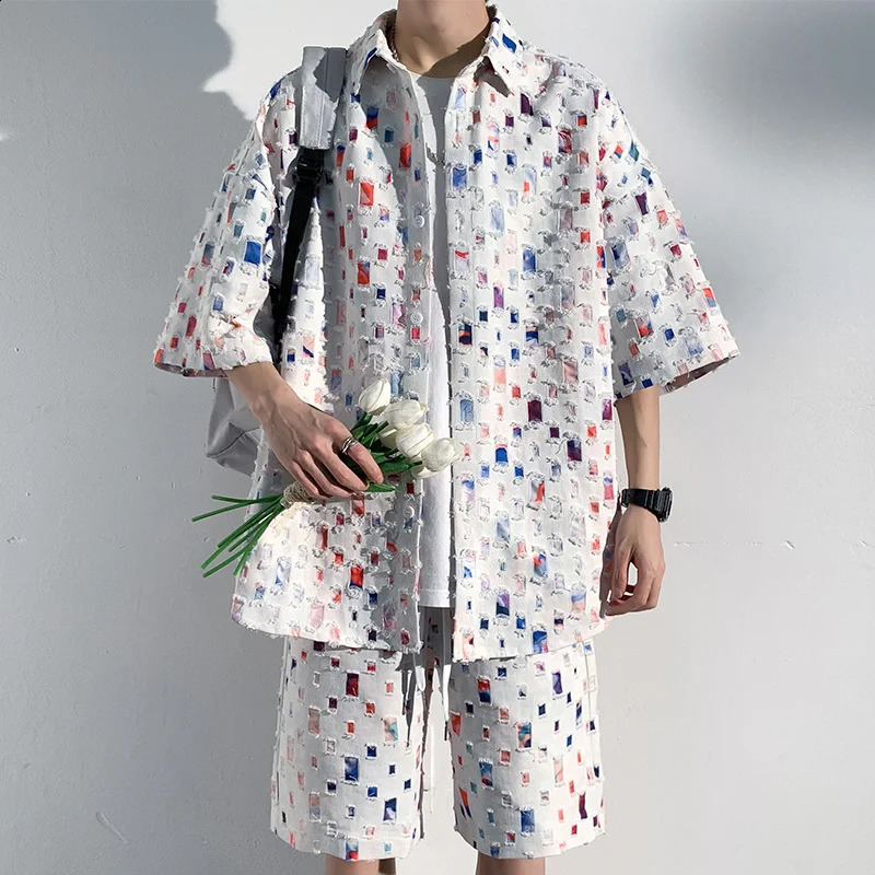 Summer Plaid Sets Men Fashion Short Sleeved Shirt/Shorts Two-piece Mens Streetwear Loose Hollow Out Set Mens Short Sets M-5XL 250319