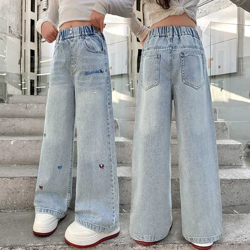 Teenage Girls Embroidered Bow Nail Bead Jeans Street Clothing Childrens Y2k Hip Hop High Waist Straight Loose Jeans Trouser 4-14T250326