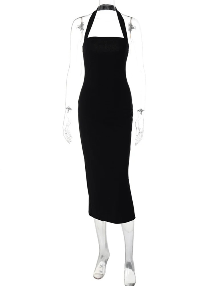 Hugcitar Elegant Halter Black Backless Sexy Bodycon Maxi Prom Dress Summer Women Y2K Clothes Wedding Birthday Party 250320