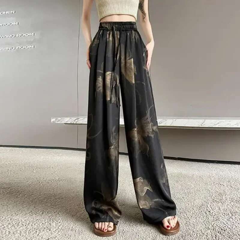 Chinese Style Vintage Printing Wide Leg Summer Loose All-Match Elastic Straight Women Drawstring High Waist Pants