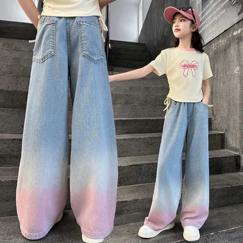 2024 Tencel wide leg jeans for teenagers and girls gradient color pants for children and girls childrens jackets long pants for girls clothing for 4-1