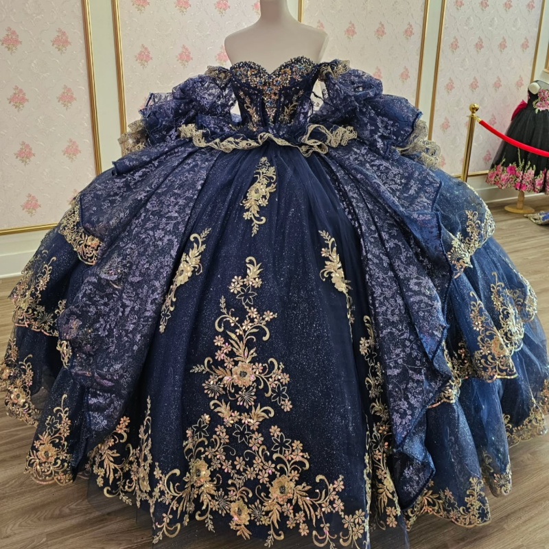 Luxury Navy Blue Shiny Sweetheart Quinceanera Dresses Gold Applique Lace Beading Tulle Vestidos De 15 Anos Sweet 16 Dress