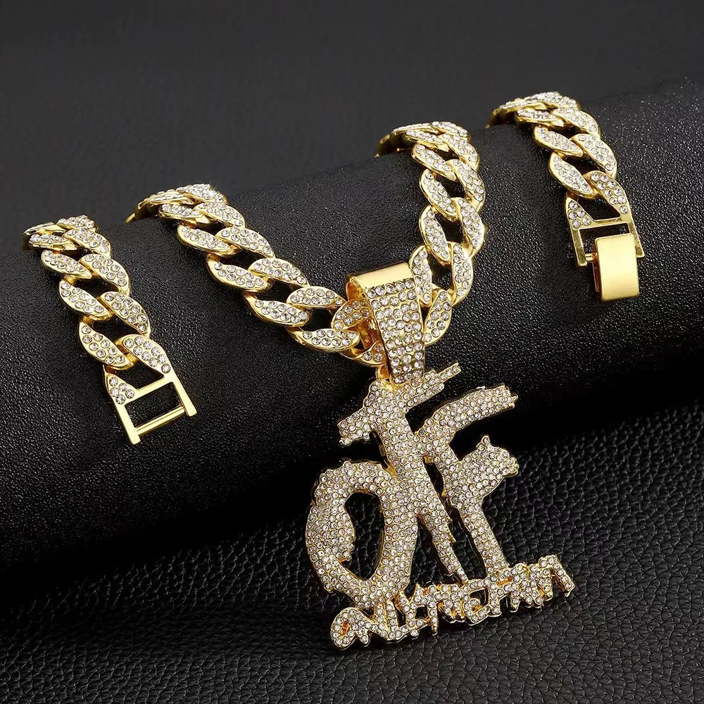 Wholesale hip hop rhinestone alloy bling OTF letter pendant with 15mm cuban link chain necklace 250320