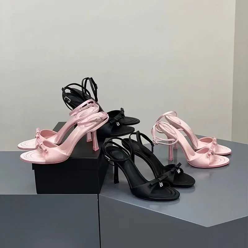 New Summer Bow Satin Heels Feminine Rhinestone Letters Stiletto Heels Open-toe Sandals Black Pink womens shoes sandalsC250319