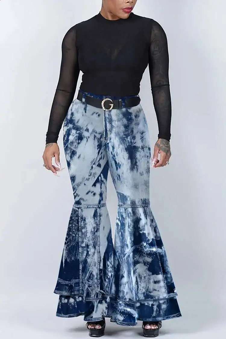Plus Size Casual Denim Hollowed Out Wide Leg Pants Ripped Jeans 250319