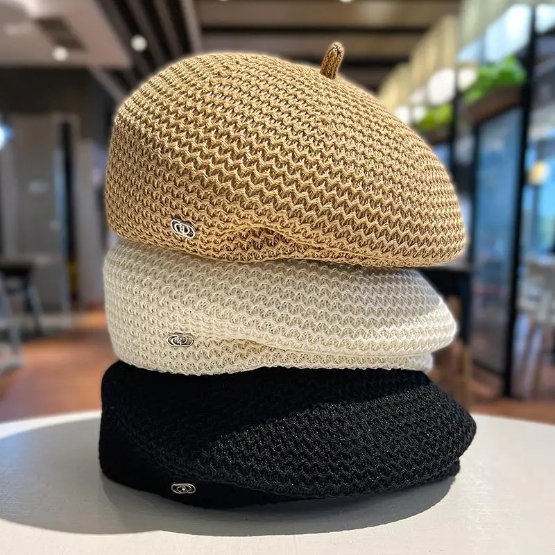 Women Fixed Pleated Paper Straw Beret Summer Milk Silk Knit Breathable Big Artist Fashion Painter Hat 250320