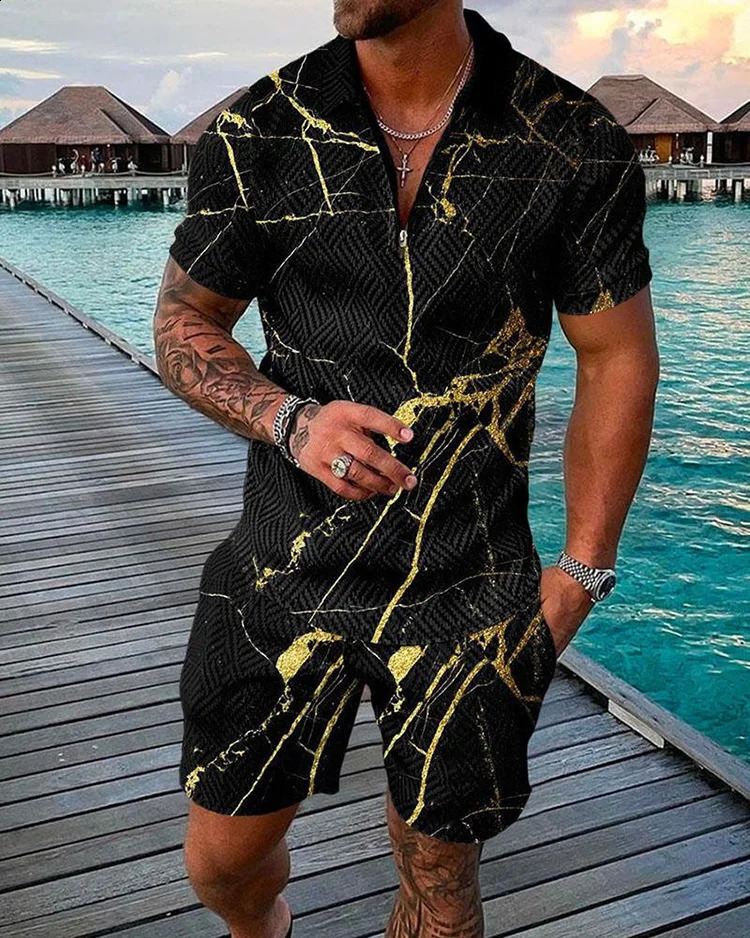 Summer trend printed mens track set casual zipper collar polo shirtshorts 2-piece set color printed streetwear mens clothing 250318