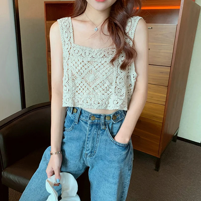 Square Collar Cotton Crochet Tank Top Sexy Knitted Hollow Out Mesh Vest Crop Top Women Femme Vintage Backless Short Tops Female 250320
