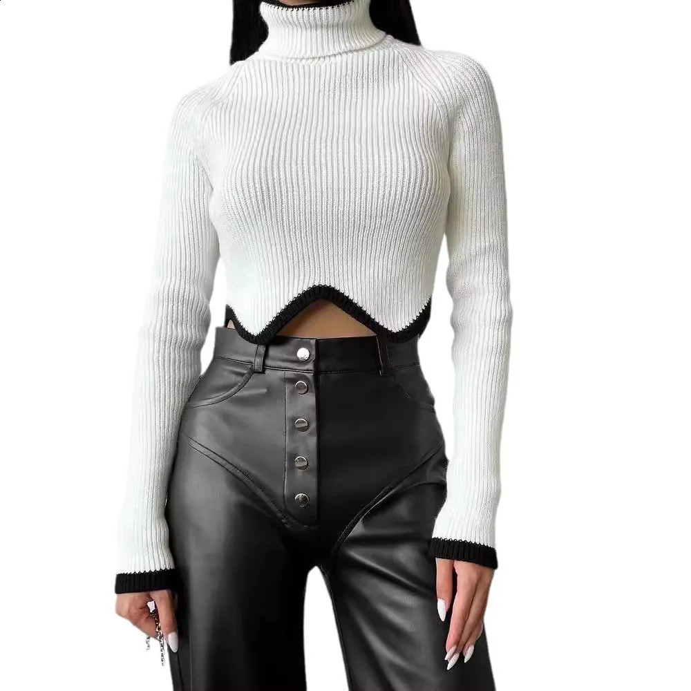 2024 Womens Selling High Collar Irregular Hem Long Sleeve Tight Sweater 250318