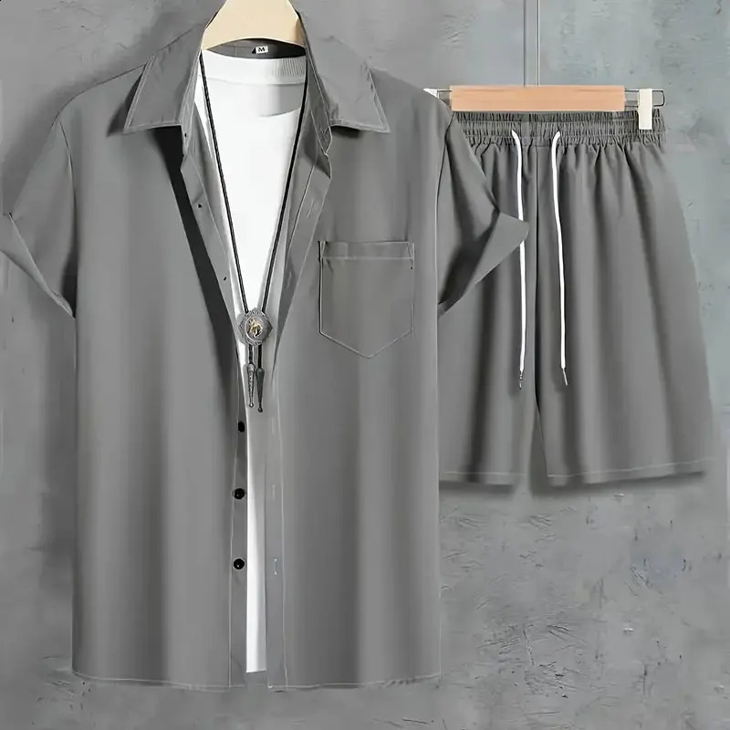 Mens Shirt T-shirt Two-piece Summer Fashion Solid Colour Plus Size Suit Quick-drying Breathable Mens Travel Office Clothing 250319