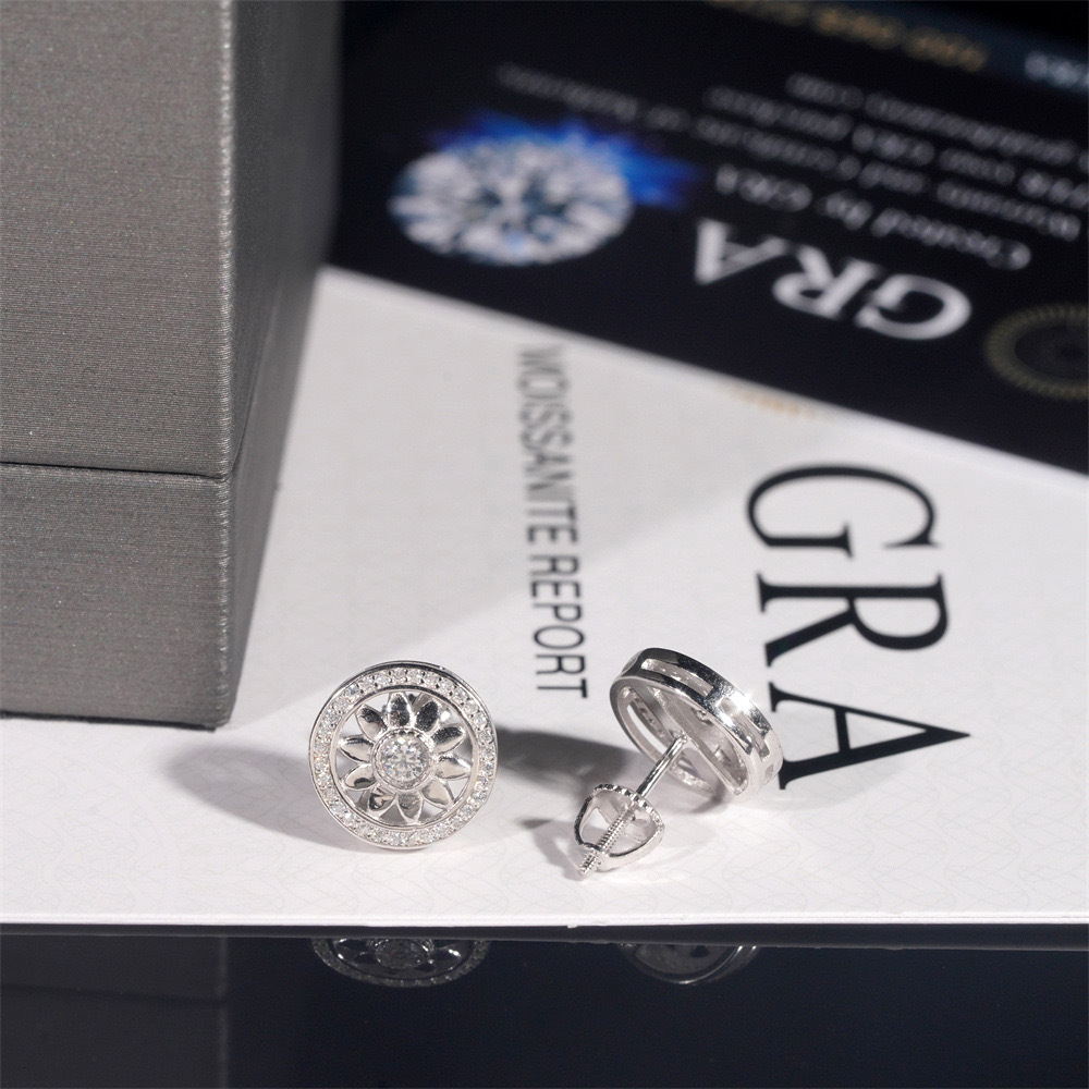 11.3mm Iced Out Moissanite Sunflower Earrings Screwback 925 Sterling Silver Hip Hop Lab Diamond Stud Earrings Pass Tester Gift