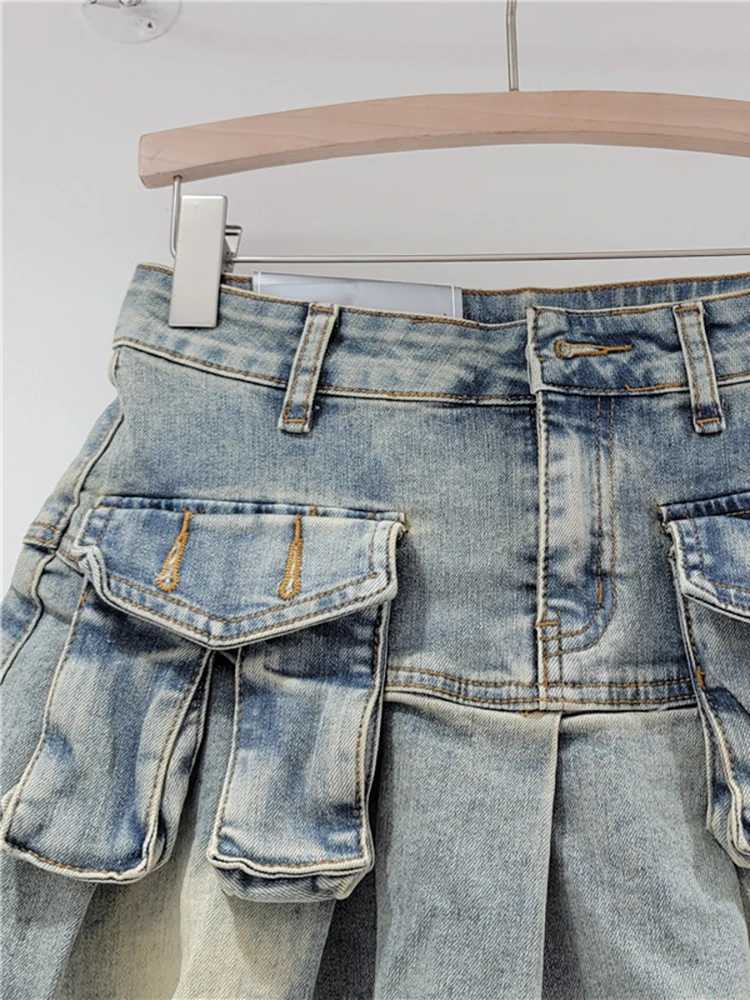 DEAT Womens Denim Skirts Patchwork Asymmetric Pockets Pleated A-line Short Cargo Miniskirt 2025 Spring New Fashion 29L6949XJ250320