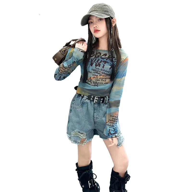 Childrens and Girls Hip Hop Clothing Set Long Sleeve Crop Top Cowboy Shorts Fashion Street Dance Stage 2PCS 250319