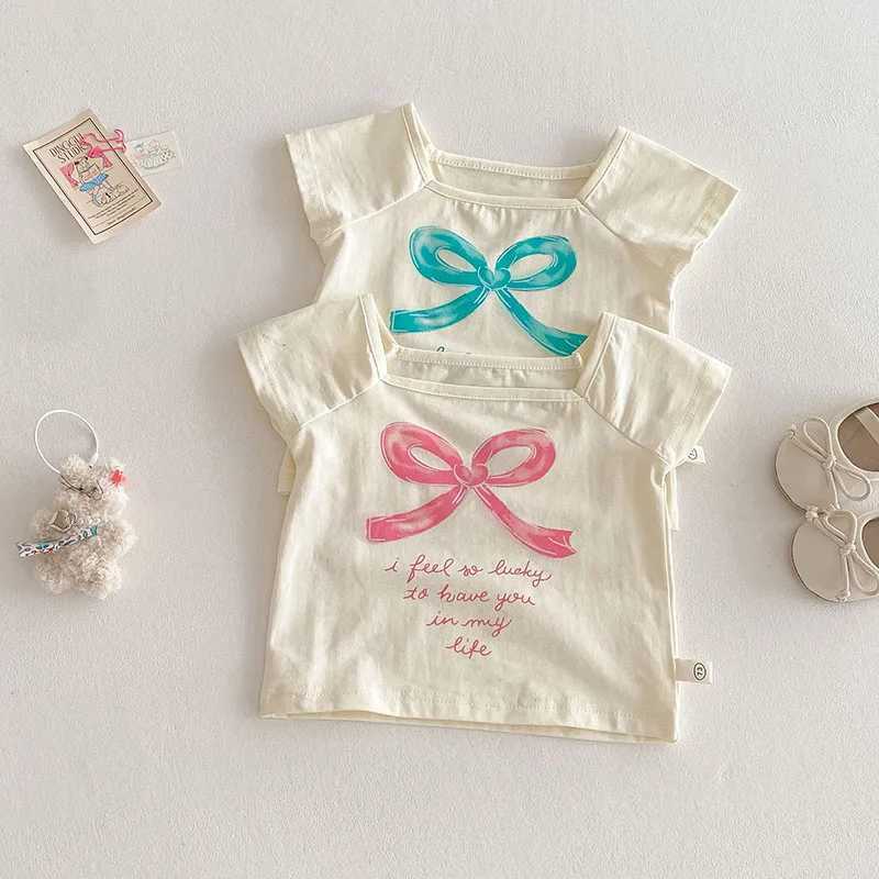 2025 Summer Girls Bow T-shirt Baby Clothing Childrens Fashion Letter Underwear Childrens Thin TopT250320