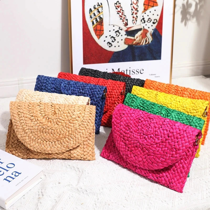 Women Fashion Flap Envelope Bags Summer Beach Bag Handmade Wallet Straw Knitted Handbag Lady Coin Phone Long Purse Clutches 250317