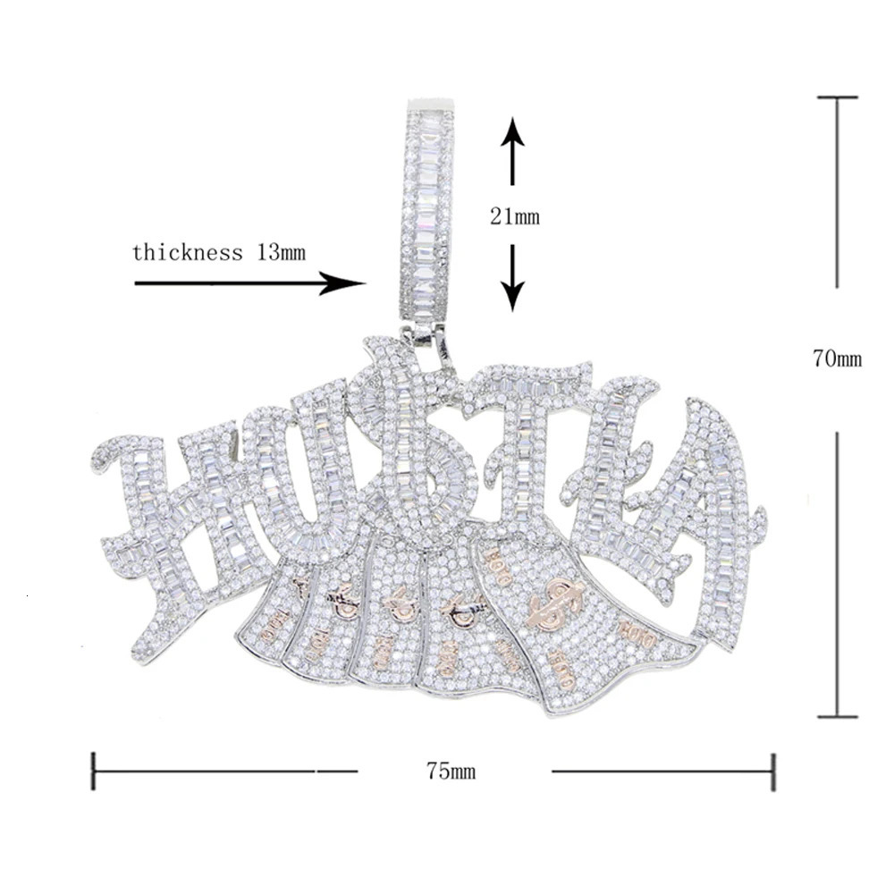 Iced Out Bling Letter Hustla Pendant Necklace Gold Color Full CZ Zircon Money Charm Men Fashion Hiphop Jewelry 250320