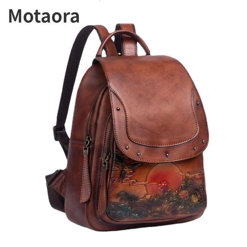 MOTAORA Vintage Emed Women Backpack Genuine Leather Book Bag Soft Cowhide Backpacks For School Teenagers Girls New