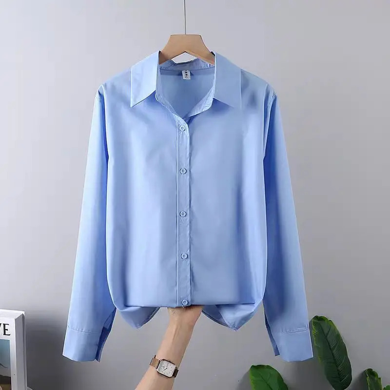 2025 Spring Casual Long Sleeve Women Blue Shirt Korea Style Solid Button Woman Crop Tops Blouse Simple Lady Daily Clothing 250320