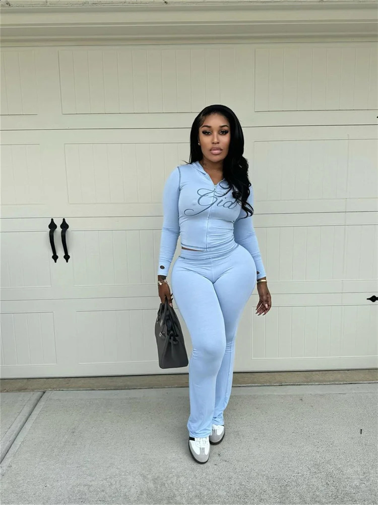 Spring Casual Womens Long Sleeve Zipper Hoodie Top and Pants Street Clothing White Two Piece Set 250319