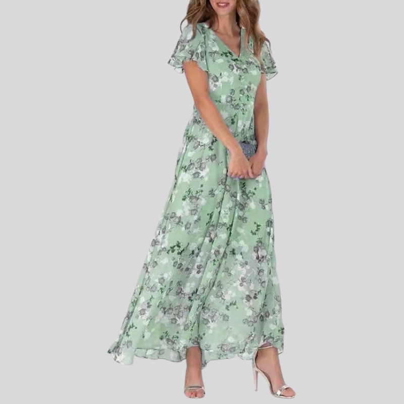 New beach pendulum long dress chiffon floral short-sleeved ruffle V-neck fashionable waist dress