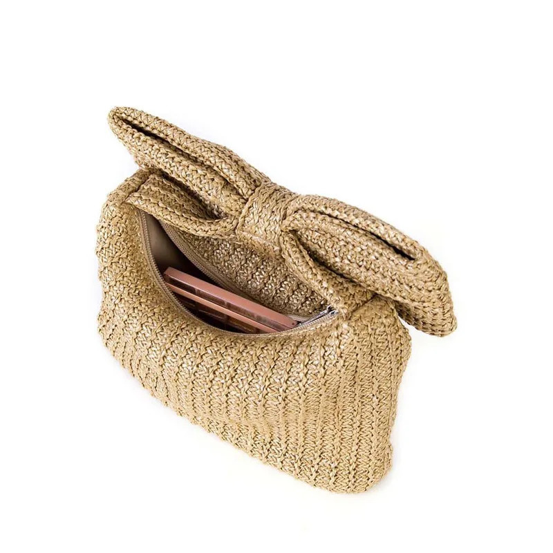 Summer Straw Woven Clutch Bag Women Bow Purse Vacation Beach Tote Party Wedding 2024 Zipper Evenging Handbags 250314