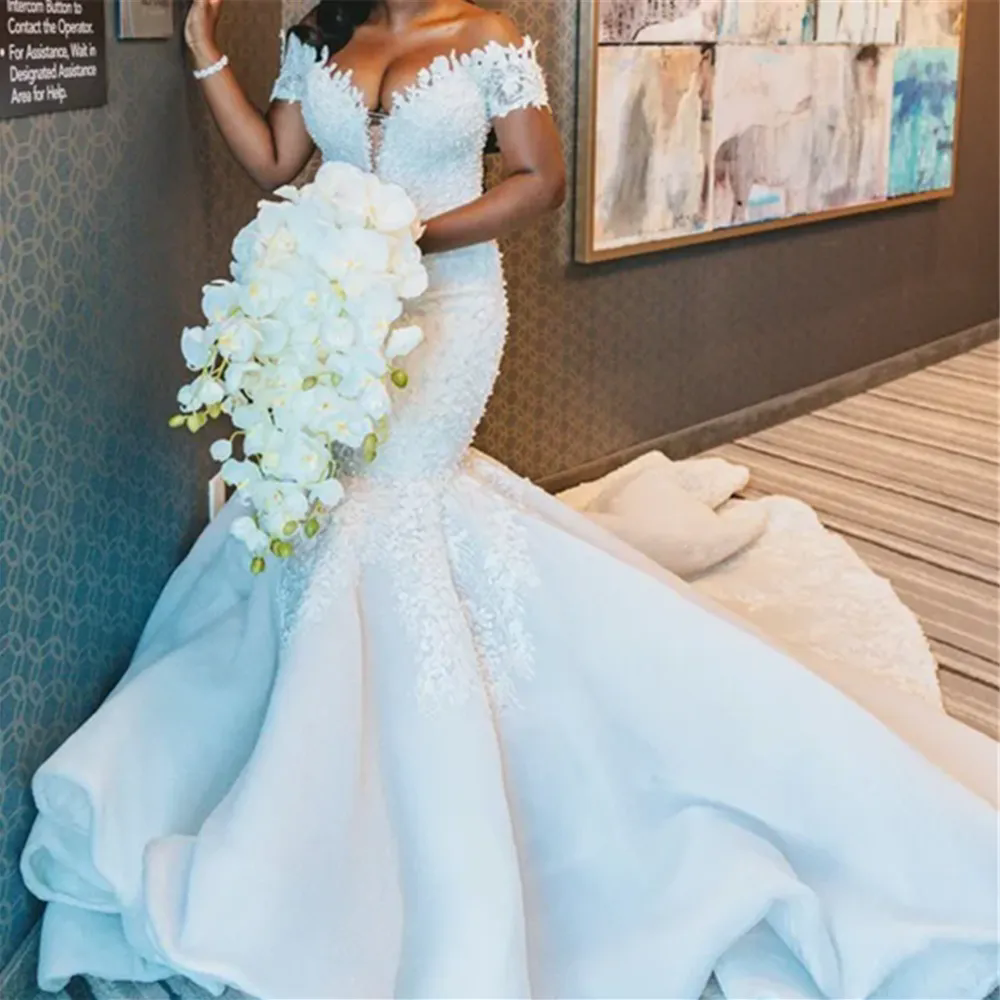 African Mermaid Wedding Dress 2025 Luxury Off The Shoulders Appliques Beading Bridal Gowns Robe De Mariee Vestidos De Novia