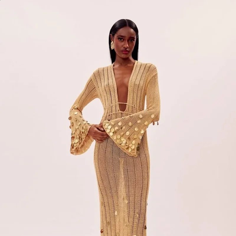 Shiny sequined knit Maxi dress deep lace neckline high waisted long robe see through party club womens clothing for 250317