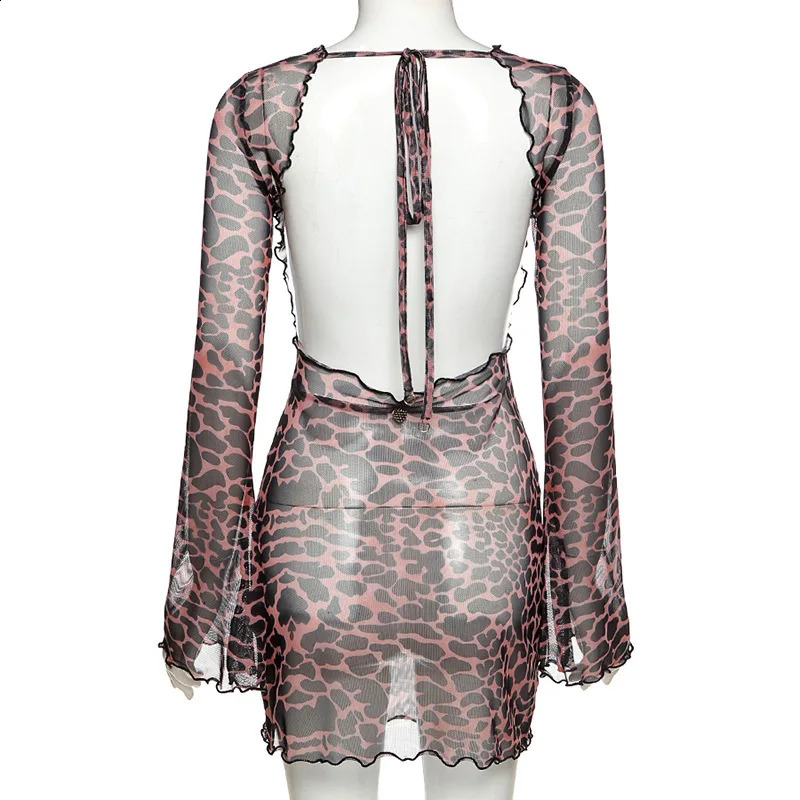 Womens summer dress leopard print backless see through party night club outfit sexy sparkling sleeves lace upper mini 250319